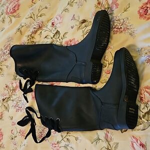 Coach Tristee Black Rubber Lace-Up Back Pull-On Tall Rain Boots Size 8